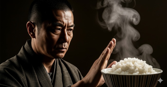 湯気の立つ白米を手で制止し、食べるのを断る男性

