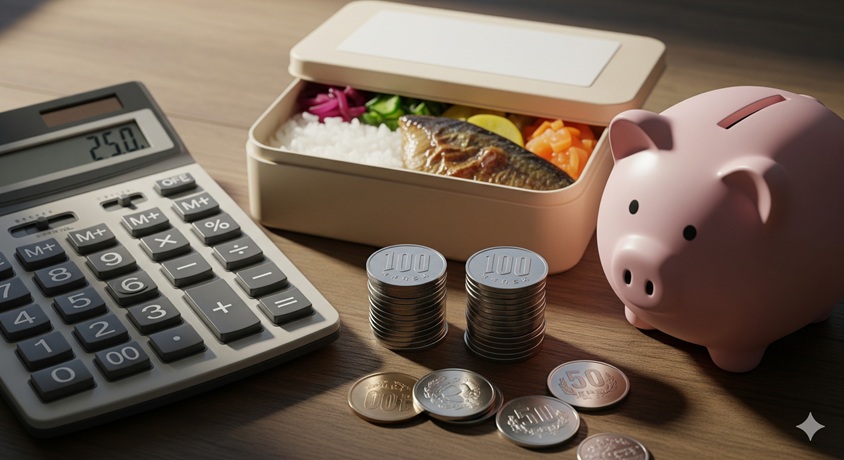 ハッピーセット転売の利益を計算する様子。電卓と日本円、豚の貯金箱が置かれている。
