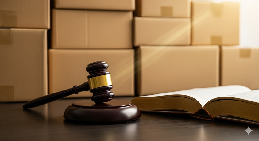 転売の違法性を示す、裁判官が使う木槌と法律書。背景には発送用の段ボール箱が積まれている。
