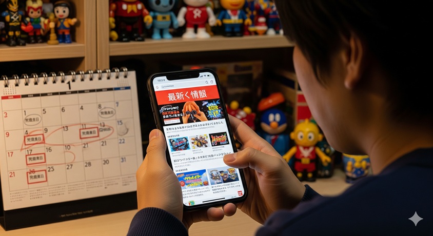 次回のハッピーセット発売日を確認するため、スマートフォンで公式サイトをチェックする男性。