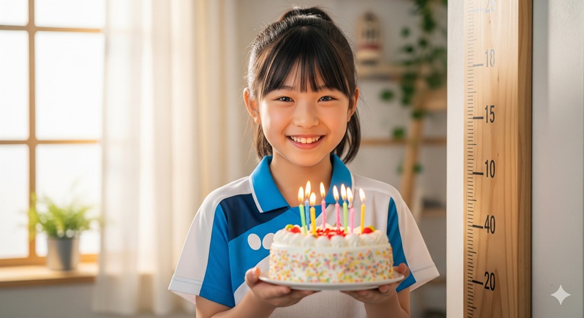 可愛い卓球女子が誕生日ケーキを持ちながら身長計の横に立っている様子