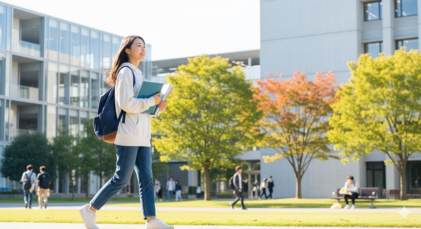 日本の大学のキャンパスを背景に、本とリュックを持って歩く女子大生