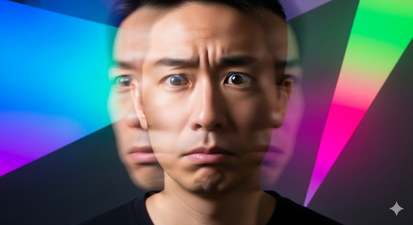 複数の顔が重なり合い、アイデンティティの混乱や内面の葛藤を表現している日本人男性のクローズアップ。カラフルな光が背景にある。