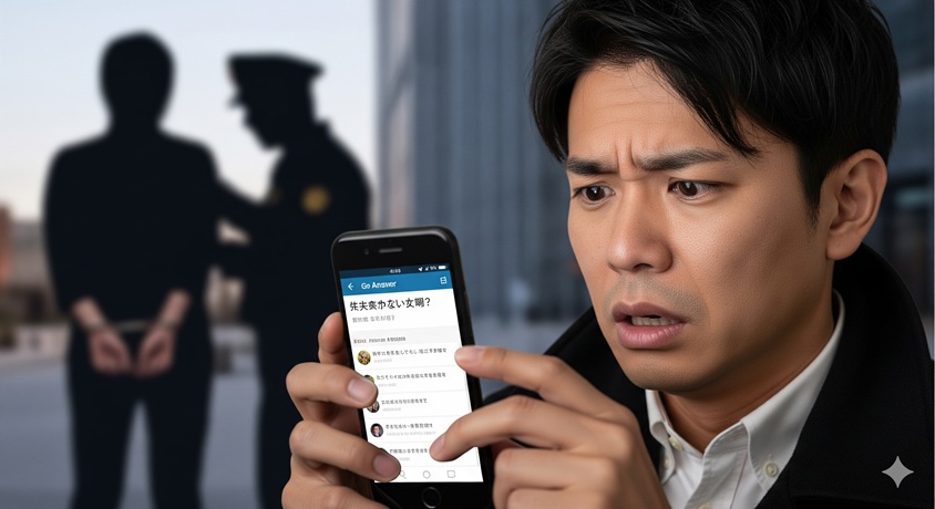 "スマートフォンでネット掲示板の記事を読み、心配そうな表情を浮かべる男性。背景には逮捕される人物のシルエットが映る。"