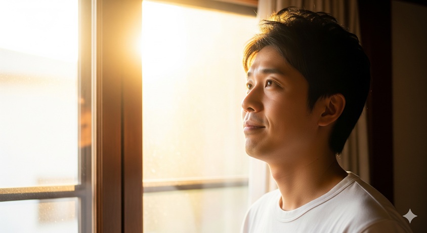 "窓から差し込む明るい日差しを浴びながら、安堵した表情で遠くを見つめる男性"