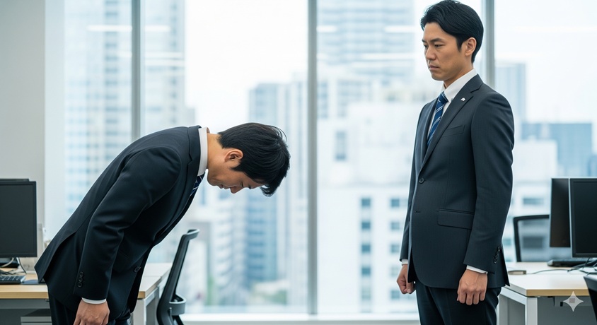 "オフィス内で、スーツ姿の男性がもう一人の男性に対して深々と頭を下げて謝罪している様子"