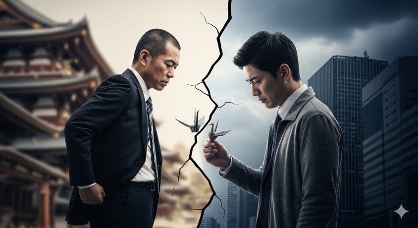 和風の建物と近代的な建物が分断され、間に大きな亀裂が入っている。互いに背を向けた二人の男性(百田氏と岩田氏)が亀裂の中の折鶴を見つめており、二人の関係の決裂を象徴している。