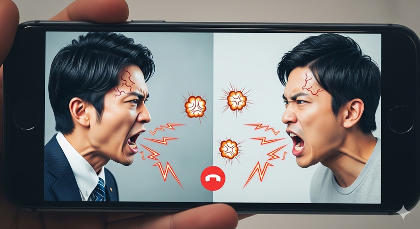 スマートフォンの画面に映し出されたビデオ通話で、二人の男性が激しく言い争っている。画面中央には通話終了ボタンと、怒りを表す記号が表示されており、SNS上での激しい応酬を表現している。