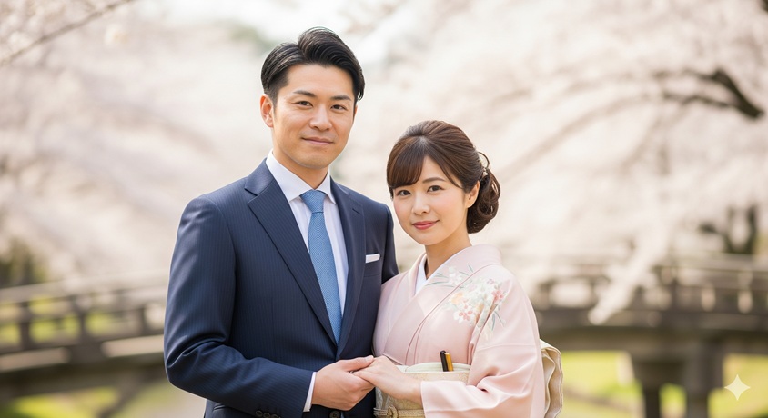 桜並木の下で、和装の女性とスーツ姿の男性が手を取り合って立っている。穏やかな笑顔でカメラを見つめており、夫婦の絆や幸福を象徴的に表現している。