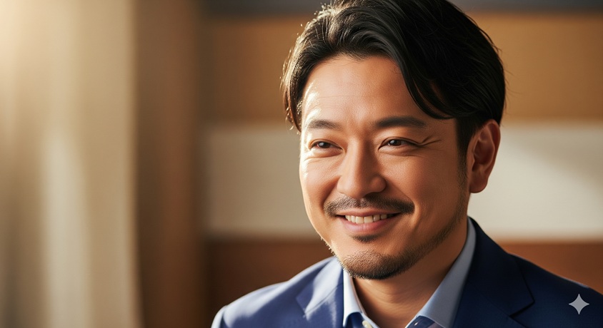青いジャケットを着て、穏やかな表情で優しく微笑むひげのある日本人男性