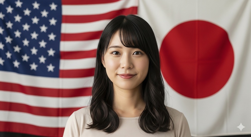 アメリカと日本の国旗を背景にして立つ、日本人女性のバストアップ写真