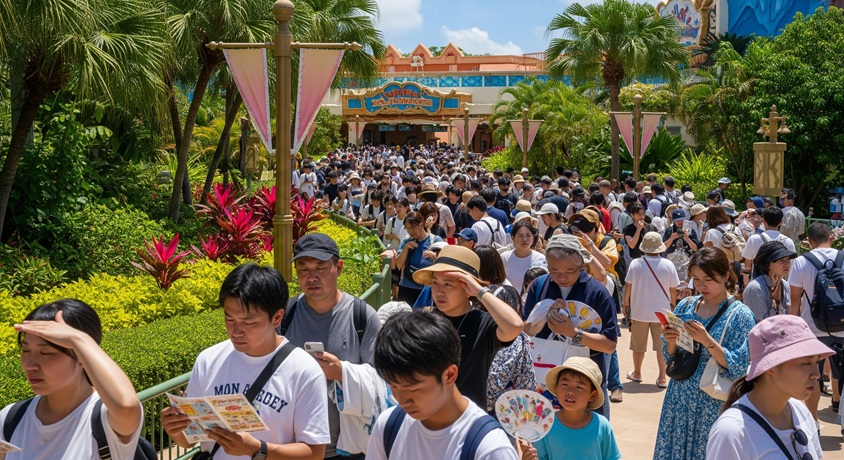 テーマパークのアトラクション前で、長い行列に並び、暑そうにしている大勢の日本人来場者