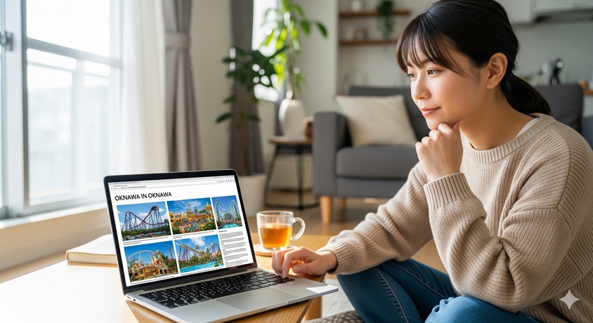 自宅のリビングでノートパソコンを開き、テーマパークに関するブログ記事を読んでいる日本人女性