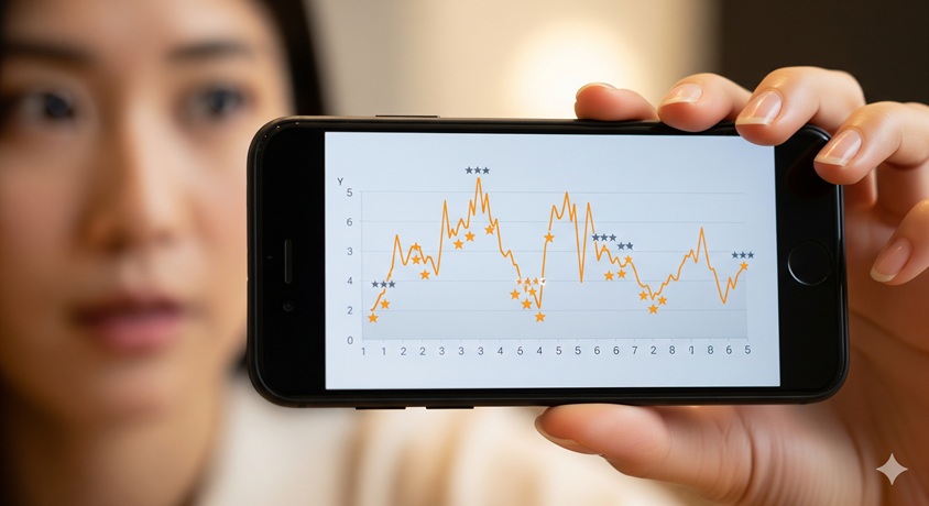 スマートフォンに表示されたグラフを見つめる日本人女性。グラフはテーマパークの口コミ評価の変動を示唆している"