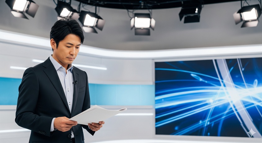 テレビスタジオで格付けチェックの台本を読むアナウンサー