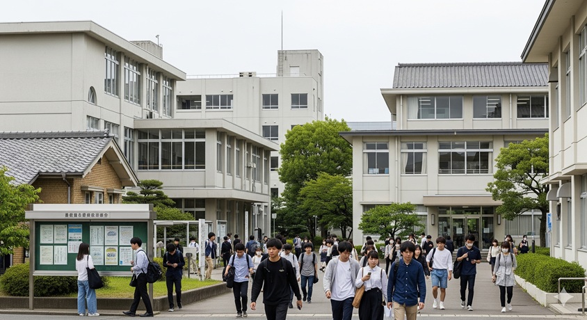 多くの学生が行き交う、日本の大学キャンパス風景。関東学院大学がFランではないことを示す。