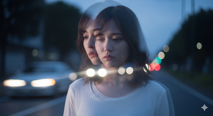 「夜の道路を背景に、物憂げな表情をした女性の姿が二重に重なって見える、幻想的な雰囲気の写真です。」