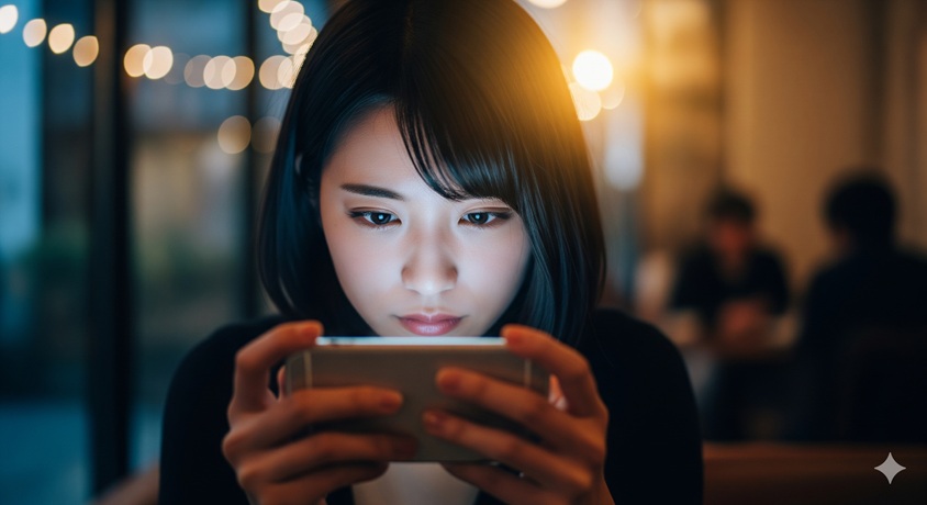 「暗い室内で、黒髪ショートの女性がスマートフォンの画面を両手で持ち、その光に照らされながら真剣な表情で見つめています。」