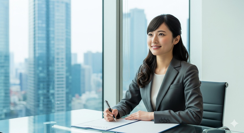 「高層ビル群を背景に、オフィスで書類にペンを走らせる笑顔の日本人女性」