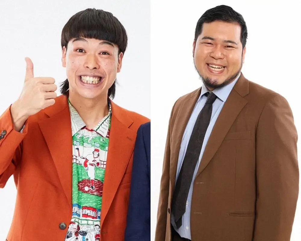 探偵ナイトスクープの新探偵に就任した、お笑いコンビ「バッテリィズ」のエース（左）と「令和ロマン」の松井ケムリ（右）の宣材写真。