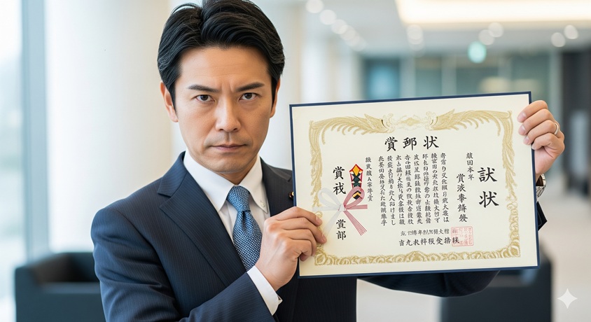 厳かな表情で賞状を掲げる日本人男性。小泉進次郎氏がコロンビア大学の聴講生ではなく、正式な学位を取得したデマではない真実を示す。