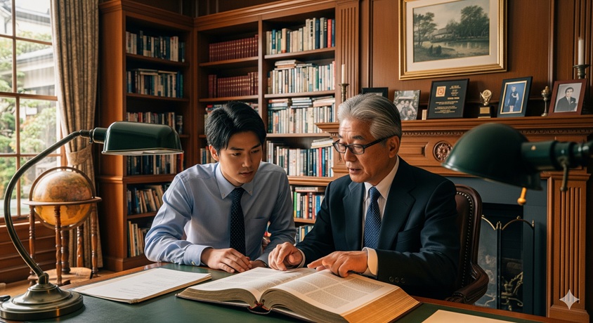 書斎で本を囲んで会話する、年配の男性と若い男性。小泉純一郎氏と小泉進次郎氏の学歴比較をイメージさせる。