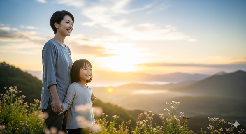 夕日が見える山の頂上で、同じ方向を向いて微笑む母親と娘