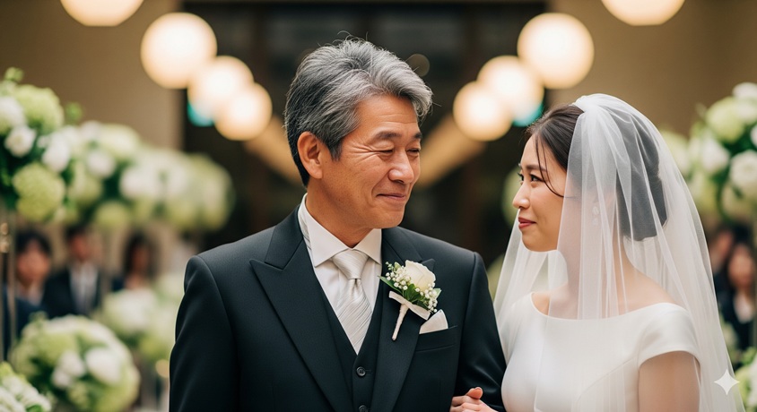結婚式で娘を見つめる父親