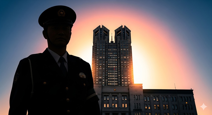"警視庁の建物を背景に立つ、警察官の制服を着た男性のシルエット"