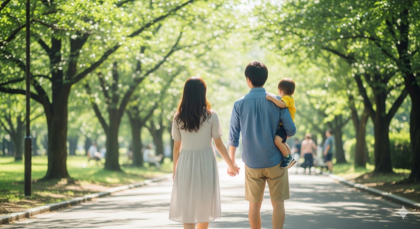 公園の並木道を後ろ姿で歩く、若い日本人夫婦と小さな子供の家族"