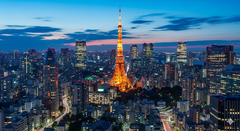 夕暮れ時に美しくライトアップされた東京タワーと東京のビル群の夜景