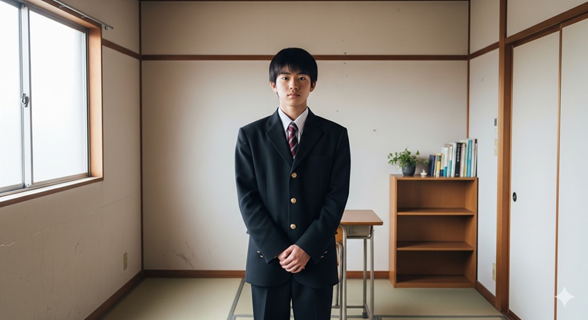 「山田太郎ものがたり」の役柄をイメージした、学生服姿で和室に立つ清水尚弥さん