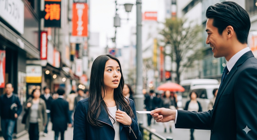 "繁華街で女性が男性から名刺を受け取り、驚いたような表情をしているスカウトの場面"