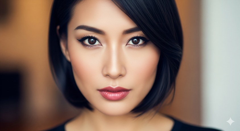 "日本人の女性の顔のアップ。彫りの深い顔立ちと大きな瞳が特徴的"