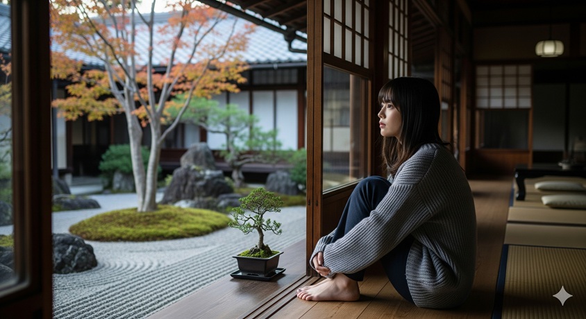 "日本家屋の縁側に座り、庭園の盆栽や紅葉を眺めながら物思いにふける女性"