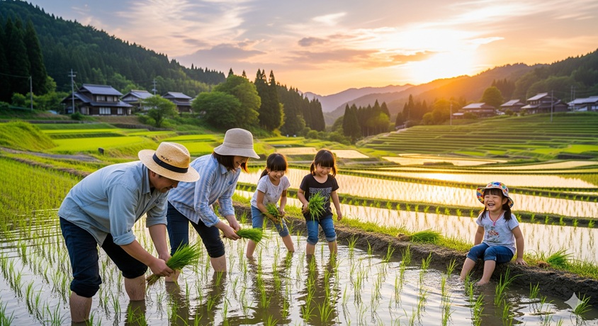 棚田で田植えをする家族のイメージ写真