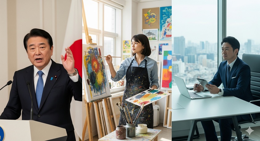 政治家、アーティスト、ビジネスパーソンの3分割された画像。コロンビア大学を卒業した有名人たちの多様な活躍分野を表現。