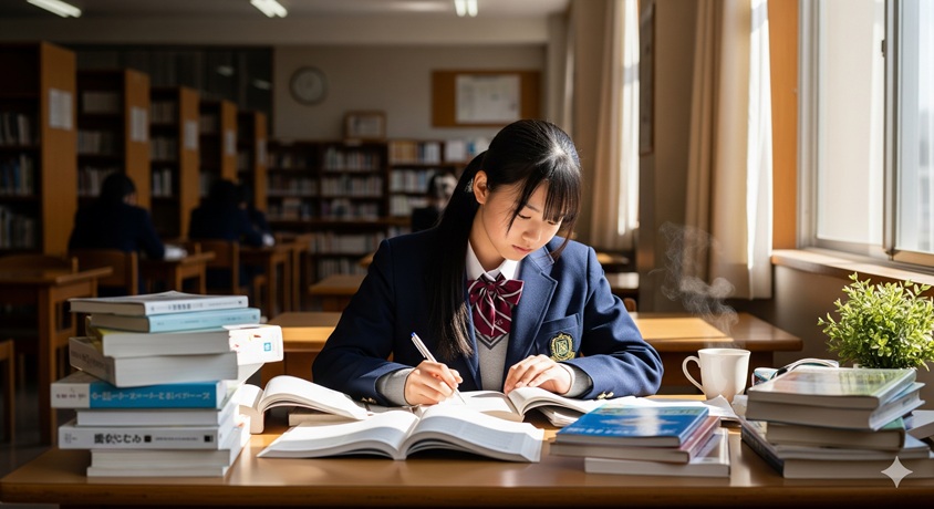 "図書館の机でたくさんの本に囲まれながら、熱心に勉強する制服姿の女子高生"