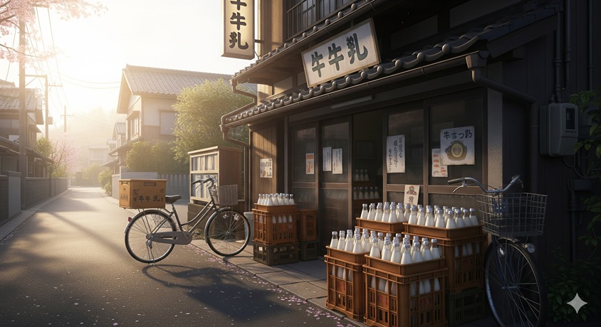 "朝日に照らされた日本の昔ながらの牛乳販売店の店先"