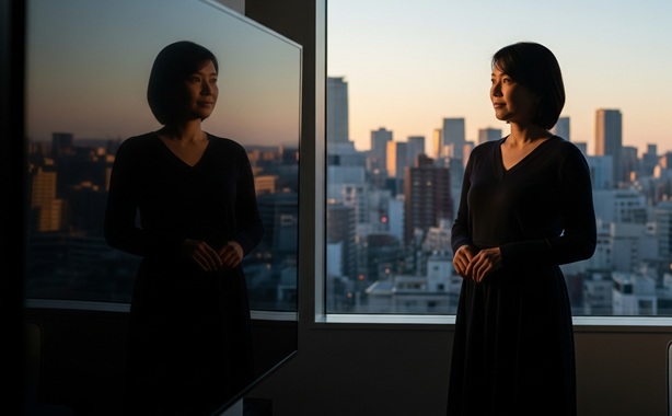 テレビ番組が映る画面の反射を見つめながら窓の外の未来を見据える女性。王林がテレビに出なくなった理由と今後の活動を示唆するイメージ。