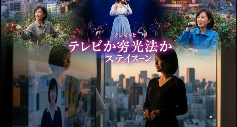  複数の窓に囲まれた空間で、テレビ画面と窓の外の都会を見つめる女性。テレビ出演、舞台、地元活動、歌唱など王林の現在の多様な活動を表すコラージュ画像。