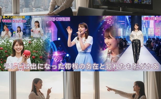 窓辺に立ち、都会の景色を見ながら思案する女性。テレビ番組、歌唱、モデル、地元活動など、王林の多様なキャリアパスと将来への展望を表現したコラージュ画像。