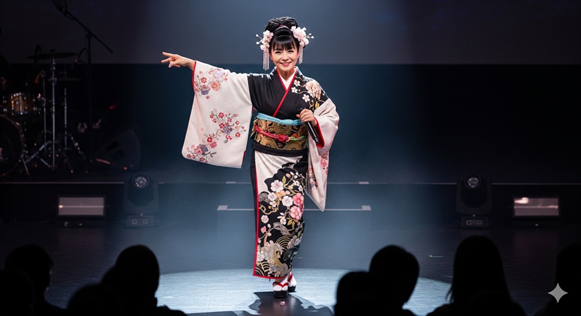 ステージ上で和装と洋装を組み合わせた衣装を着てパフォーマンスをする王林さんの画像