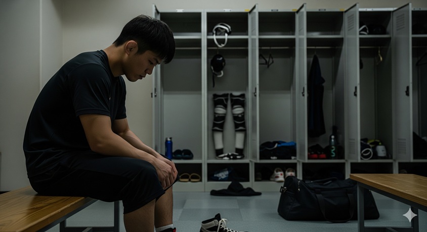 ロッカールームでベンチに座り、下を向いている若い日本人男性アスリート。レスリング部員だった過去の逮捕歴を暗示。