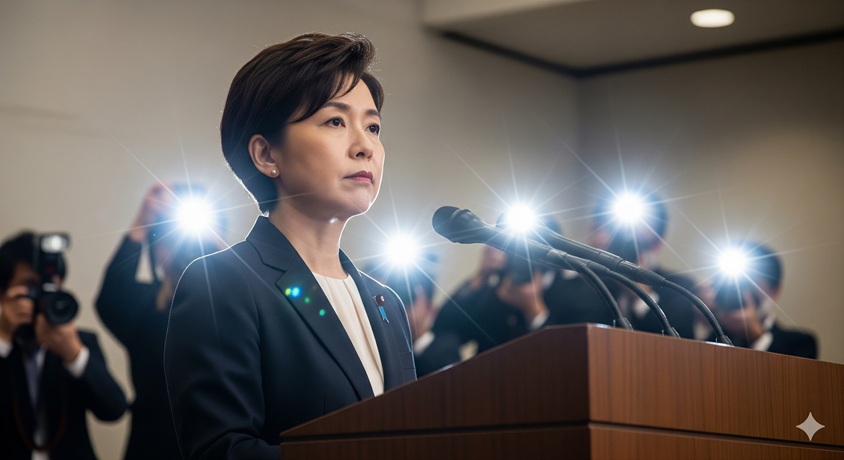 多数の報道陣のフラッシュを浴びながら記者会見を行う女性政治家
