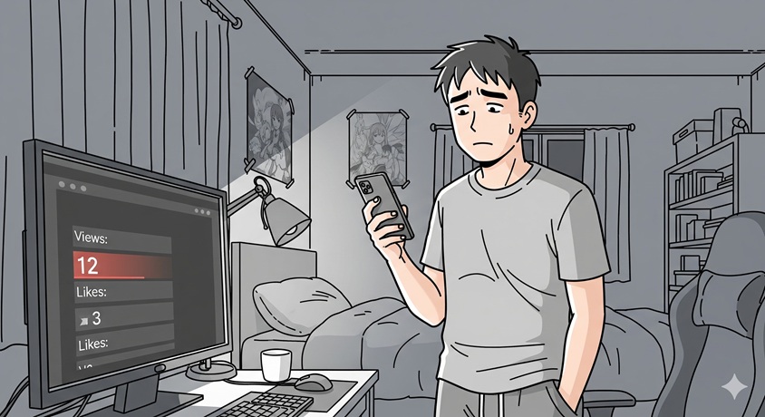 薄暗い部屋でパソコンの画面に低い再生数と「いいね」が表示されているのを見て、困惑した表情でスマートフォンを眺める日本人男性。迷惑行為を始めたきっかけとしての再生数への執着を表現。