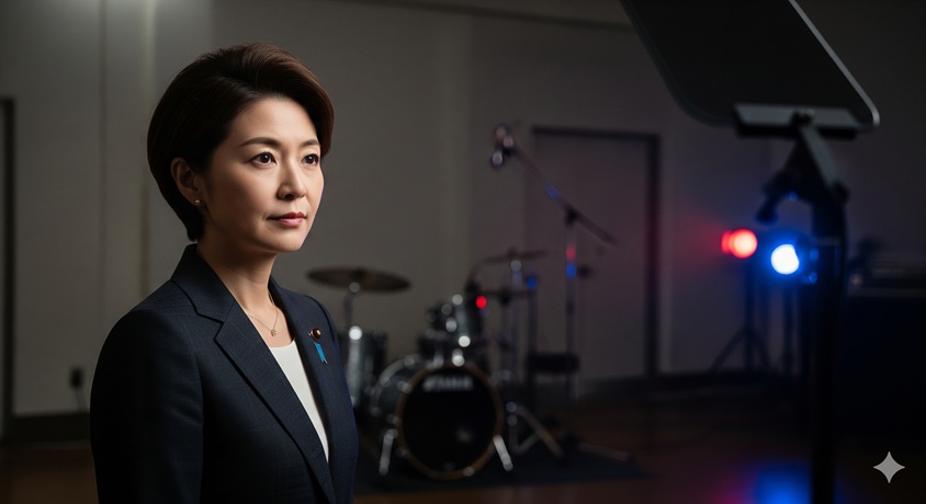 スタジオでドラムセットの前に立つ高市早苗氏をイメージした画像