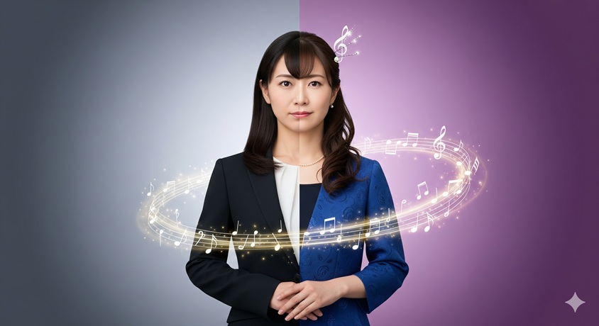 政治家と音楽家の二面性を表現した高市早苗氏のイメージ画像