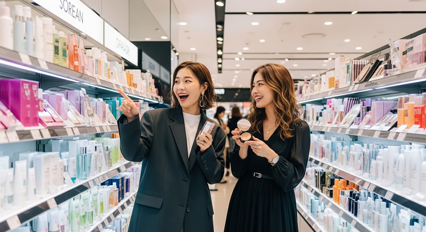 楽しそうに韓国コスメを選ぶ2人の女性で、田中みな実さんと韓国との関係性をイメージした写真