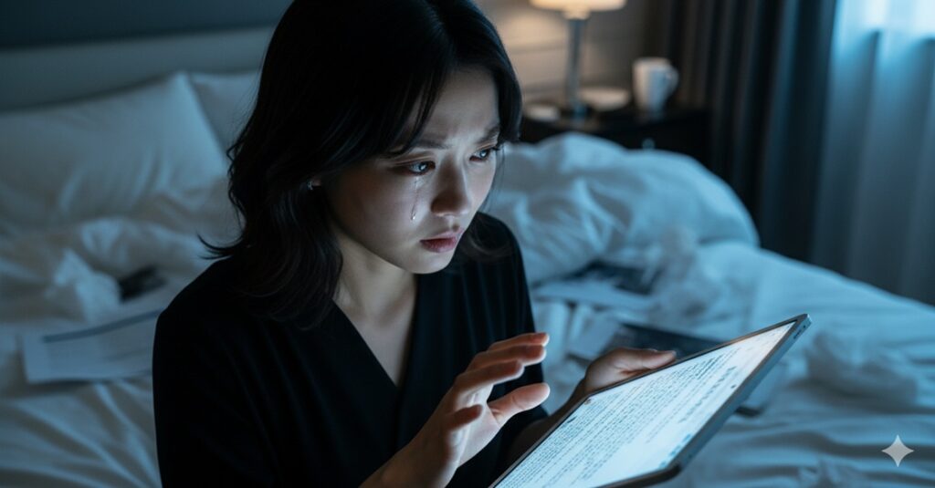 "薄暗い部屋のベッドの上で、タブレットを見ながら涙を浮かべる女性。ネットでの批判に傷ついている様子を表しています。"